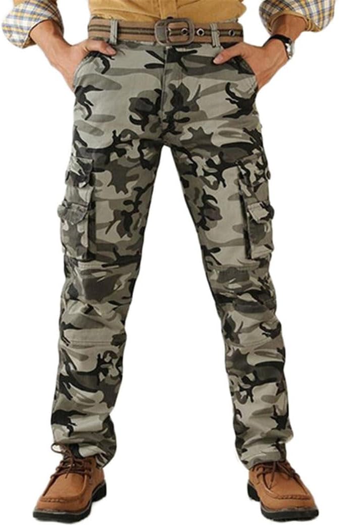 Men's Autumn Cargo Pants Cotton Camouflage Joggers, Straight Leg Military Army Trousers with Multi-Pockets