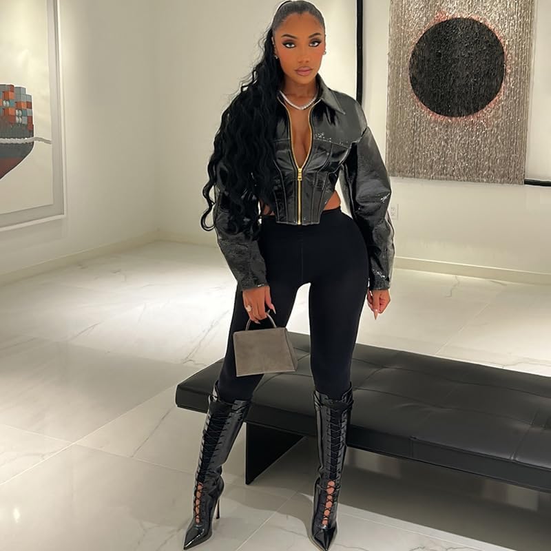 Womens PU Leather Cropped Jacket Lapel Short glossy Jakcet Motor Streetwear Going Out Sexy Jacket - Image 3