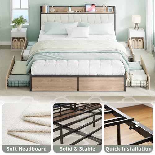 Image of LIKIMIO California King Bed Frame with 4 Storage Drawers, Platform Bed with Charged Headboard, Sturdy and Stable, No Noise, No Box Spring Needed, Easy to Install, Wood and Cream