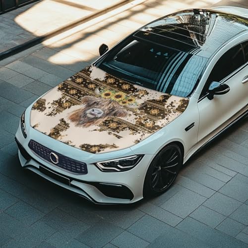 Image of 3.3x5 Ft Sunflower Cow Print Car Hood Cover Polyester Stretch Fabric Car Hood Covers Universal Auto Accessories Suitable Most Automotive Sedans Trucks Pickup SUVs
