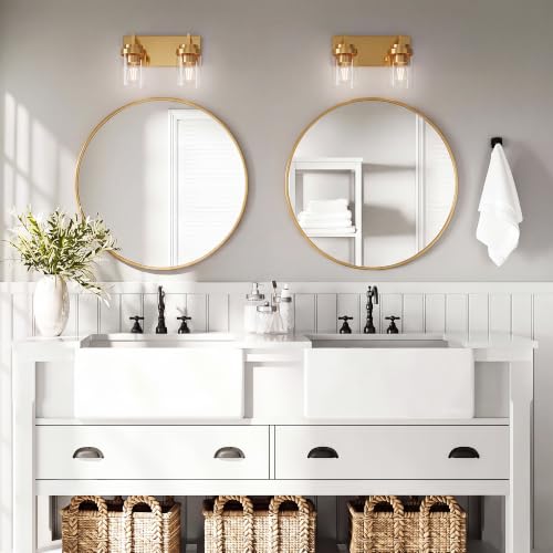 Image of Bathroom Vanity Fixtures, 2 Light Matte Gold Vanity Light with Clear Glass Shade, 15in Farmhouse wall Light, Lighting Fixture Over Mirror for Bathroom