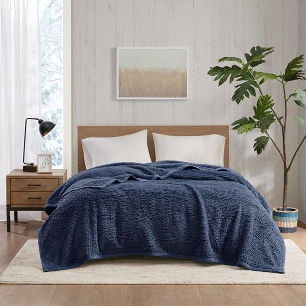 woolrich burlington berber blanket super soft, cozy lightweight cover with luxurious velvet binding, modern trendy all season bedspread bedding-set, king: 108x90, navy navy king