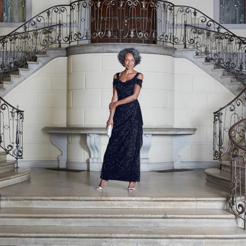 Image of Plus Cold Shoulder Glitter Mesh Dress with Draped Skirt & Cowl Neckline