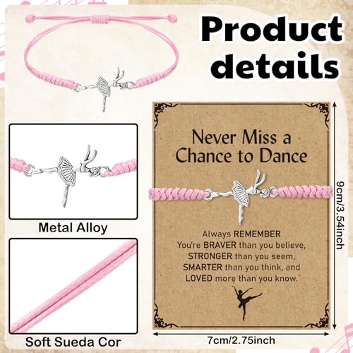 12 Set Dance Bracelet Gifts for Team Pink Ballet Dance Bracelet Recital Gifts for Women with Inspirational Greeting Card3