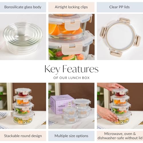 Image of Nestasia Nestro Airtight Glass Containers with Lid Set of 4 (215ml, 400ml, 600ml, 950ml) | Spill Proof Round Glass Containers with Break Free Lock - Microwave, Dishwasher & Freezer Safe (Beige)