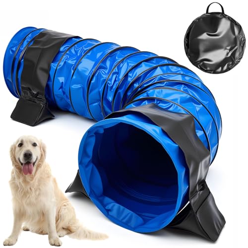 Briwooody 24 in 10 Foot PVC Dog Agility Tunnel with Sandbags Dogs Agility Training Equipment Tunnel with 2 Pack Sandbags Carry Bag and 4 Ground Spikes for All Medium Large Dogs(Blue)