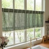 Sutuo Home Olive Green Boho Short Curtains Valance with Tassles, Bohemian Linen Light Filtering Vintage French Country Christmas Window Treatment Embroidery Drape, Rod Pocket 1 Panel 52