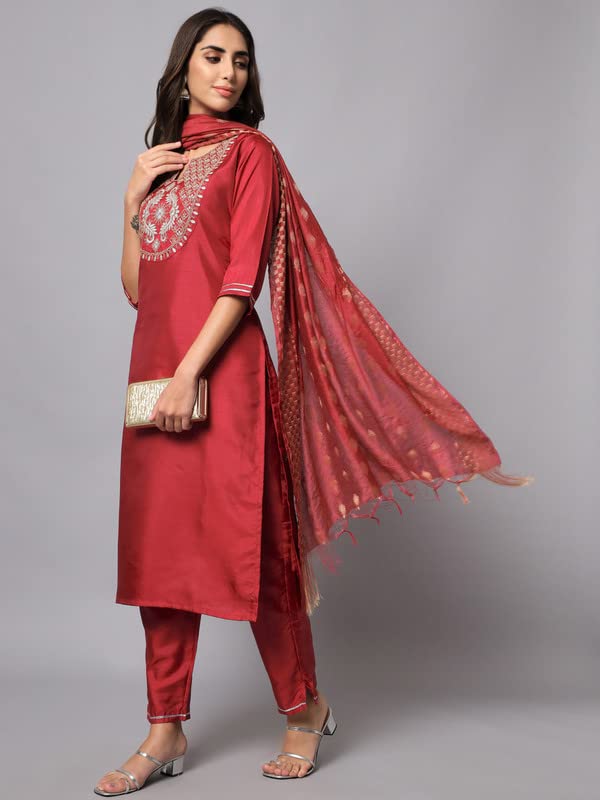 Image of VredeVogel Women's Cotton Silk Blend Embroidered Viscose Print Kurta Pant With Dupatta Set