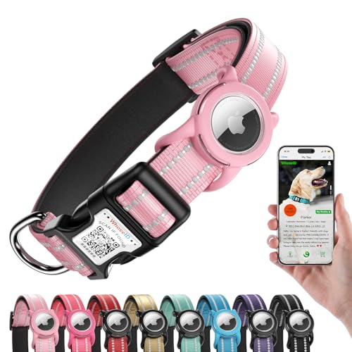 Image of Reflective Dog Collar with AirTag Holder, Waterproof Dog Collar with QR Code, Heavy Duty Adjustable Pet Collar for Small Medium Large Dogs, Pink