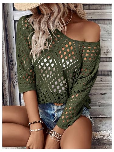 Image of Verdusa Women's Crochet Beach Summer Sweater 3 /4 Length Sleeve Boho Off The Shoulder Tops