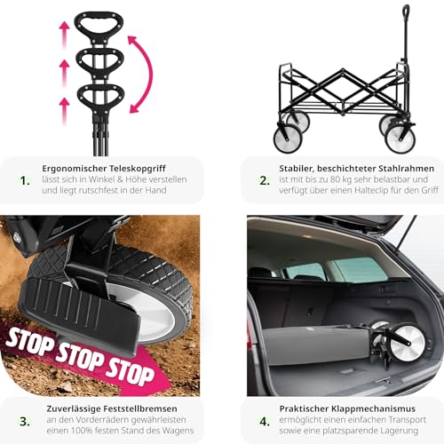 tectake Bollerwagen faltbar, Transportwagen klappbar, mit Tasche, Handwagen zum Ziehen, breite Gummireifen, Faltbarer Trolley zum Transport, für den Strand, im Garten, belastbar bis 80kg (grau) – Bild 8