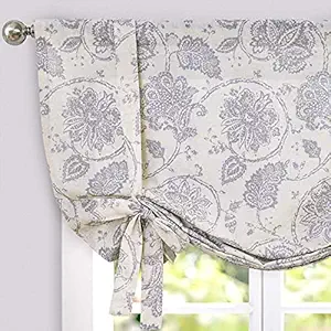 Tie Up Curtains for Windows Linen Textured Adjustable Tie-up Shade for Kitchen Rod Pocket Medallion Design Rustic Jacobean Floral Printed Tie-up Valance (1 Panel 45 Inches Grey)?