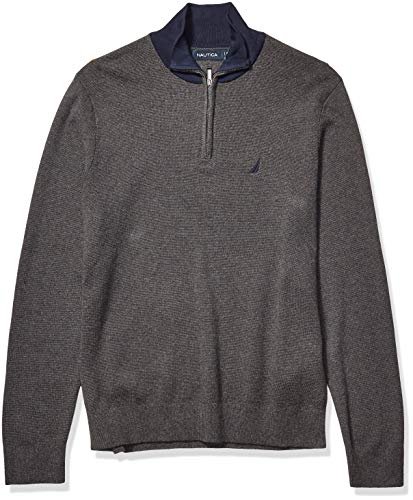 Nautica Men's Half Milano Zip with Contrast Trimming Sweater, Charcoal Heather, Large