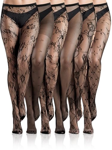 Ramede 6 Pairs Halloween Fishnet Stockings Thigh High Waist Lace Tights Patterned Fishnet Leggings Pantyhose for Women