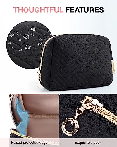 Image of BAGSMART Small Travel Makeup Bag, Zipper Quilted Cosmetic Pouch, Black | Compact but spacious.Purse storage holds makeup,toiletries,skincare,beauty ,travel essentials. Washable, water-resistant