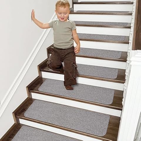 COSY HOMEER Stair Treads Non-Slip Carpet Mat 28inX9in Indoor Stair Runners for Wooden Steps, Stair Rugs for Kids and Dogs, 100% Polyester TPE Backing 15pcs,Grey,Protect Floor Cover