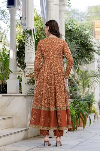 Image of Pistaa's Women's Pure Cotton Anarkali Floral Printed Hand Work Kurta with Pant & Dupatta Set