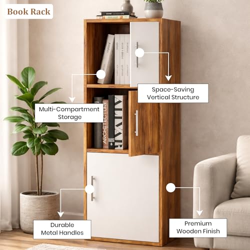 Image of Callas Wooden Book Rack | Multi-Compartment Storage Cabinet | Space-Saving Vertical Bookshelf with Doors | Durable & Sturdy Organizer for Home & Office (Walnut, 3 Tier)