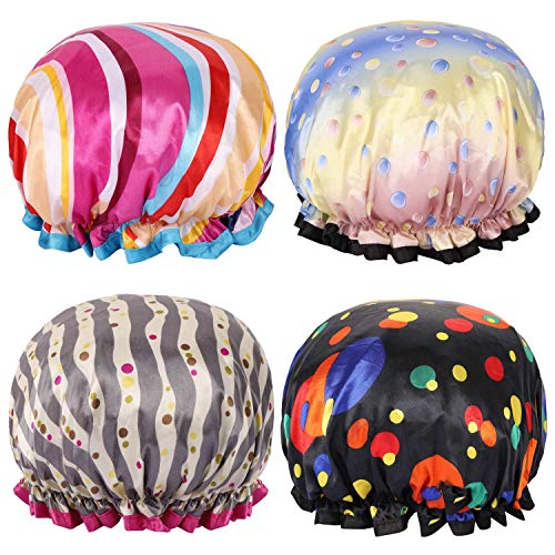 11" Shower Caps for Women Girl With Long Hair 4 Pcs Conditioning Cap Polka Dot Stripe