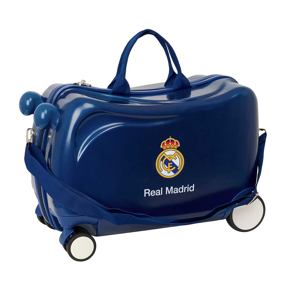 Safta | Maleta Infantil con Ruedas Real Madrid, Giro Multidireccional, ABS + PC Resistente, Interior Forrado con Separador y Bolsillo con Cremallera, Bandolera, Medidas 44x21x27 cm