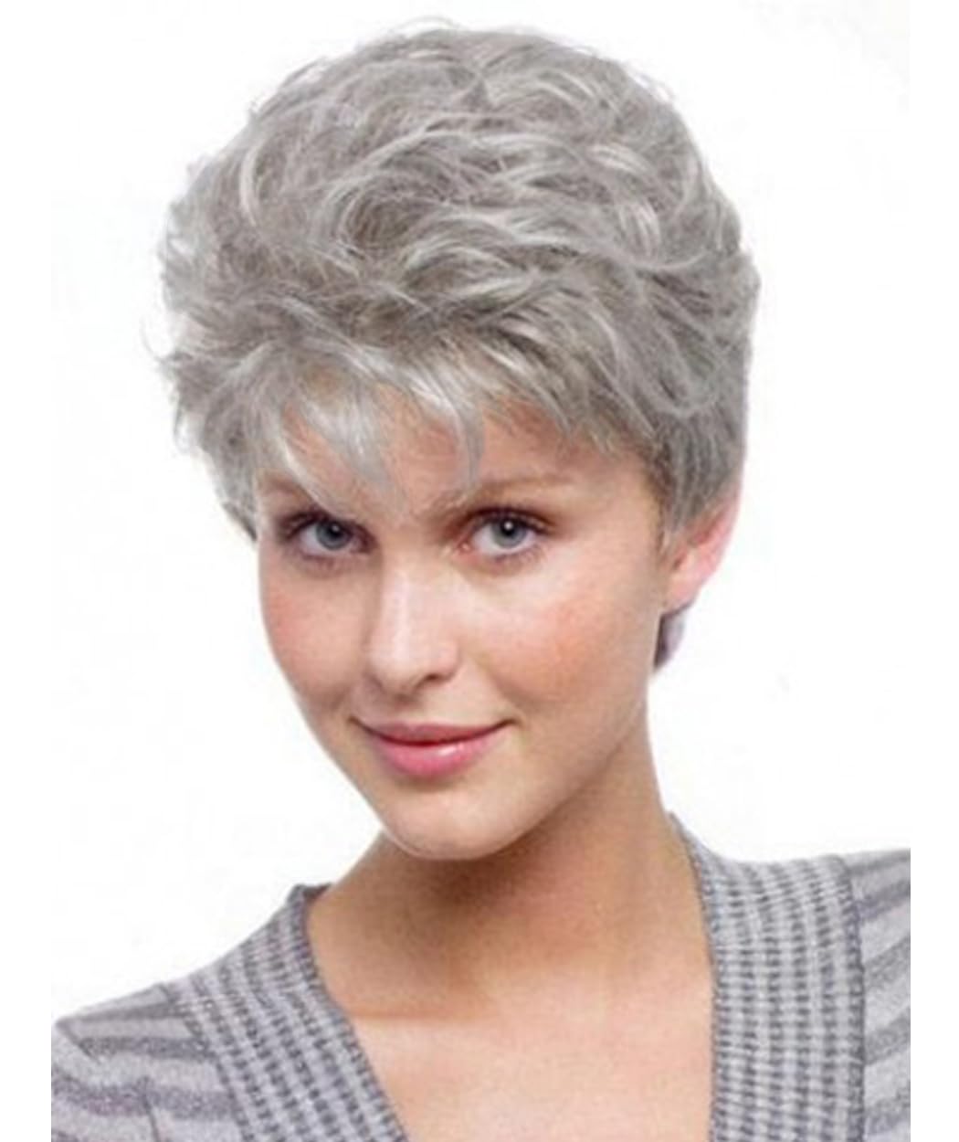 Royalfirst Short Grey Wig for Women Pixie Cut Gray Natural Curly With Bangs Synthetic Short Layered Daily Party Costume Halloween Hair Wigs