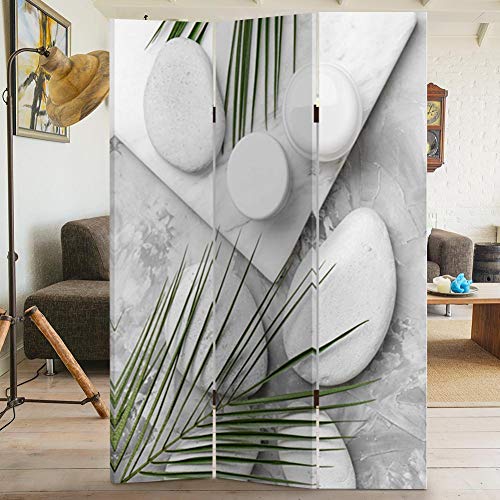 BAKAJI Paravento Separè 3 Pannelli Struttura in Legno Rivestimento in Tela con Stampa Fronte Retro Pietre e Foglie Tropical Divisorio Richiudibile Pieghevole Design Moderno (180 x 120 cm 3 Pannelli)