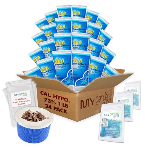 GLB Supersonic 73% Cal-Hypo Shock 1 lb. Case of 24 with Complete Pool Care Kit with My Garden Pool Skimmer Sock and 7-in-1 Test Strips 60 ct. Powerful Chlorine Shock for Clear Swimming Water