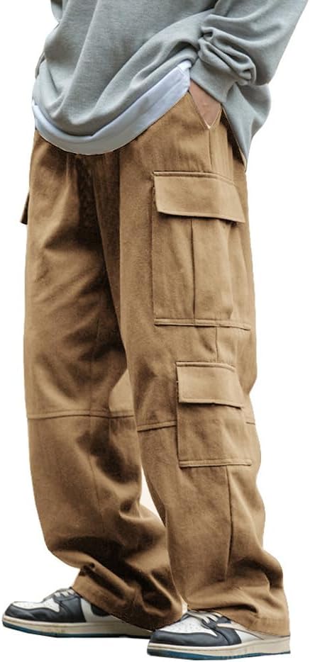 THWEI Mens Cargo Pants Drawstring Elastic Waist Casual Baggy Pant Streetwear Multi Pockets Khaki 2XL