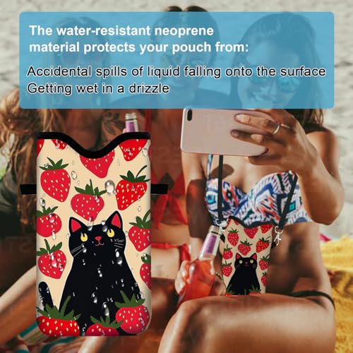Image of Neoprene Cell Phone Sleeve Pouch Case Bag with Crossbody Strap Neck Lanyard for Women 7.1 X 3.9 in Strawberry Cat