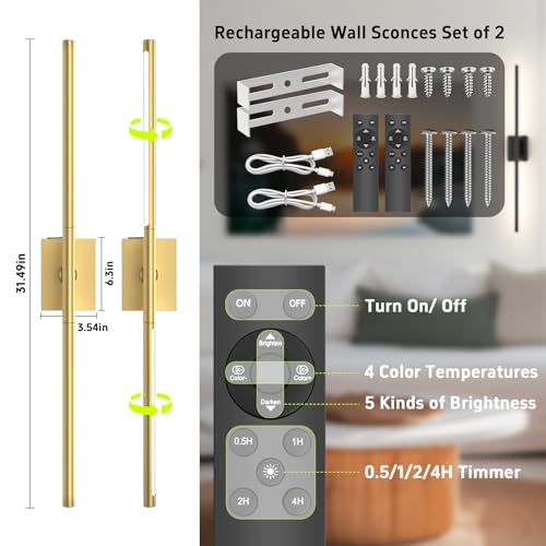 Image of Battery Operated Wall Sconces Set of Two: Dimmable Wireless Wall Lights with Remote, 31-inch LED Rechargeable Sconces, 360 Lighting Wall Scone Decor for TV, Mirror, Bedroom, Living Room(Gold)