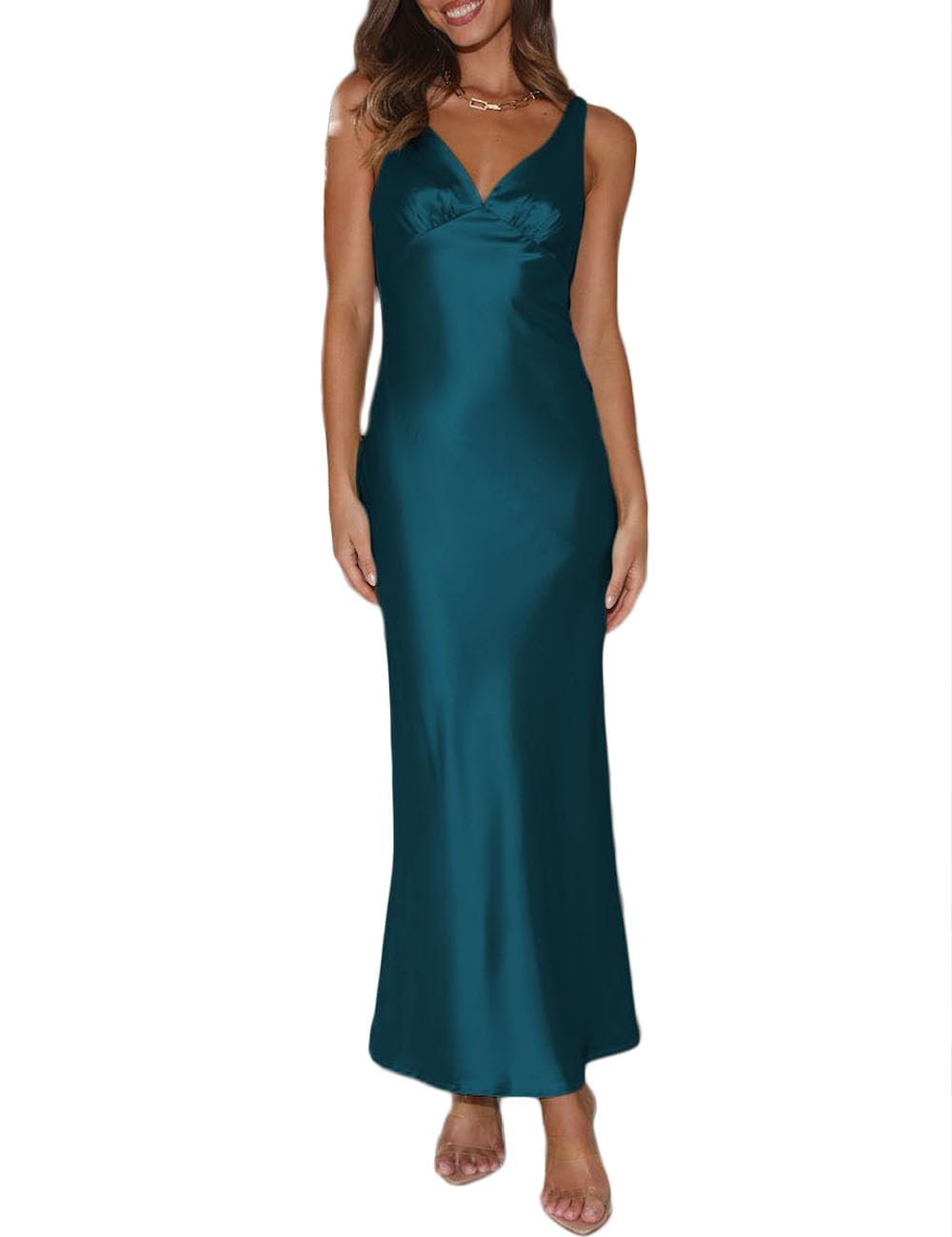 Elegantes Maxikleid für Damen, Satin, V-Ausschnitt, rückenfrei, ärmellos, seidig, mit Bindeband, tiefer Rückenausschnitt, formelles Cocktailkleid für Hochzeitsgäste