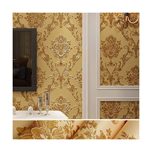 T-QZZQ Patrón de grabado clásico europeo de la pared de la sala de estar en 3D con relieve del papel pintado del dormitorio de Damasco, amarillo oscuro