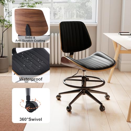 Image of Drafting Chair, Ergonomic Office Chair with Walnut Wood Back Support, Armless PU Leather Desk Chair with Height-Adjustable, Thick Cushion for Home, Bar, Drafting, Office (Black)