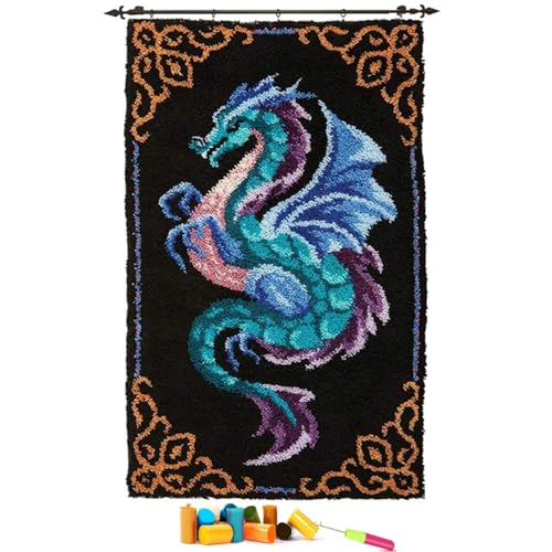 Image of EMISTEM Latch Hook Kits for Adults, Punch Needle Kit for Door Mat, DIY Large Size Tapestry, Crafts Arts Rug for Home Decoration Festival Gift (23.6 inch X 15.8 inch Blue Dragon)