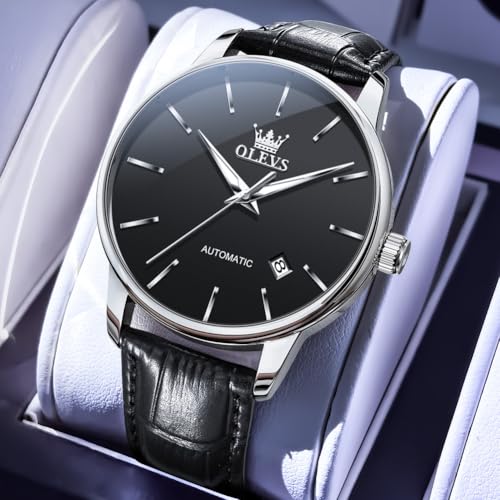 OLEVS Men's Automatic Watches Black Leather Band Silver Big Dial Waterproof - image 5