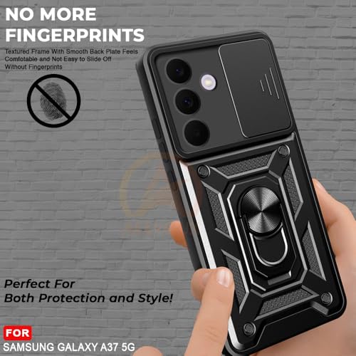 Image of Armor Bumper Back Cover Case for Samsung Galaxy A37 5G | Rotating Camera Cover, Ring Holder & Kickstand | Heavy Duty & 360 Degree Protection Back Cover (Black)