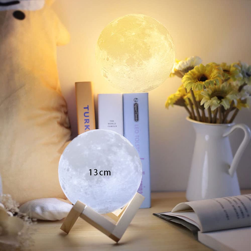 Moon Lamp Kids Night Light 2 Colori LED 3D Moon Light con Supporto in Legno, Touch Control USB Ricaricabile Regalo per Bambino Ragazze Ragazzi Compleanno