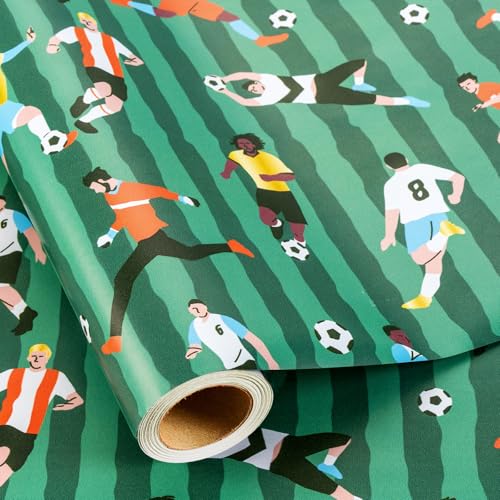 Flyhill Soccer Wrapping Paper Roll Ball Sports Boy Birthday Wrapping Paper with Ball Players and Green Soccer Field Stripe for Soccer Lovers Birthday Party World Cup Celebration Coach Gifts Mini Roll (17 Inch X 16.5 Feet)
