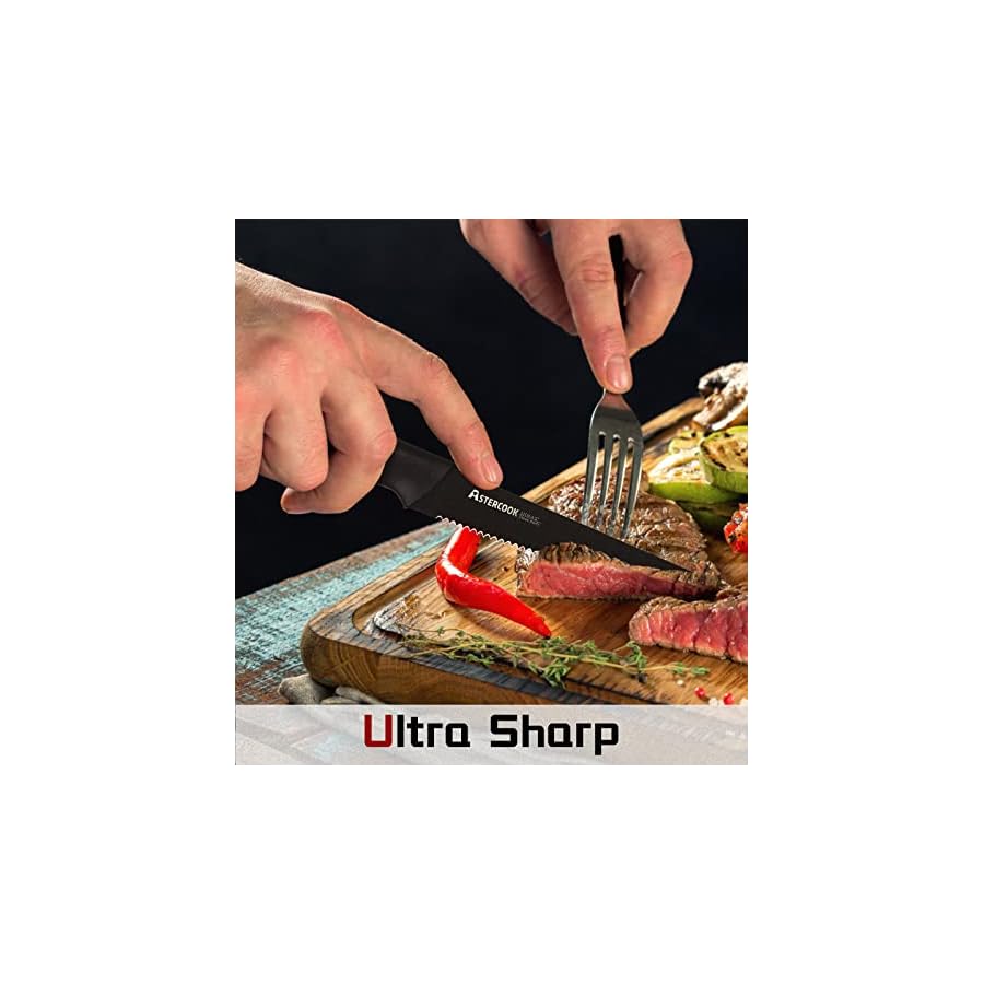 Astercook-Steak-Knives-Steak-Knives-Set-of-8-Dishwasher-Safe-High-Carbon-Stainless-Steel-Serrated-Steak-Knife-Black Astercook Steak Knives, Steak Knives Set of 8, Dishwasher Safe High Carbon Stainless Steel Serrated Steak Knife, Black