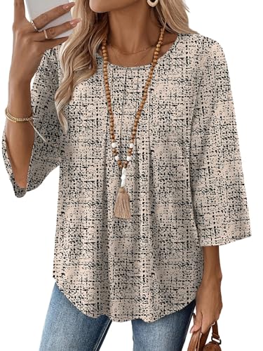 OFEEFAN Womens Clothing Spring Tops for Women Teacher Shirts Summer Outfits for Women 3/4 Length Sleeve Blouses D-Beige Print L