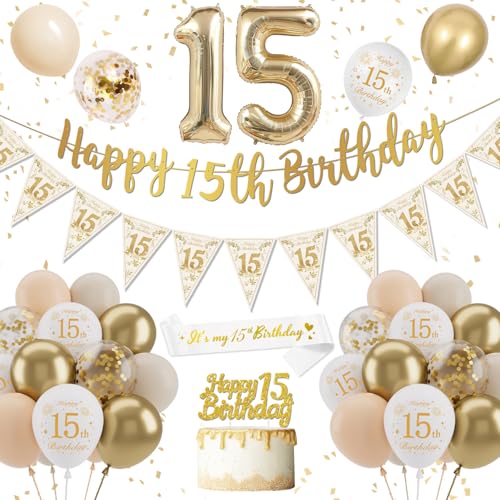 Decoration Anniversaire 15 Ans Fille, Blanc Or Ballon 15 ans Femme, Confettis Latex Ballons Bannière Joyeux Anniversaire