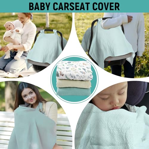 Image of 3 Pcs Car Seat Cover Baby Boy Girl Set, Adjustable Double Buckle Carseat Canopy, Plus Size Designed Muslin Carseat Cover, Versatile Full Coverage Nursing Canopy Includes 3 Colors