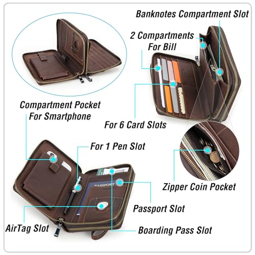 Image of Top Grain Genuine Leather Zipper Clutch Wristlet Wallet for Man & Woman, Handmade, Multi Slots & Pockets & Combination Lock, RFID Large Capacity for Cards /Checks /Passports /Phone /Pen /AirTag, Red Coffee