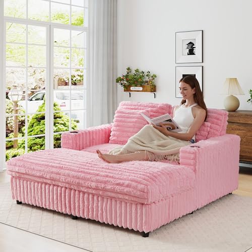 Image of QHITTY 58'' Plush Faux Rabbit Fur Chaise Loveseat with Charging Station & Cup Holder and Pillows, Upholstered Corduroy Chaise Loveseat Sofa Recliner Longue Indoor Couch for Living Room, Bedroom, Pink