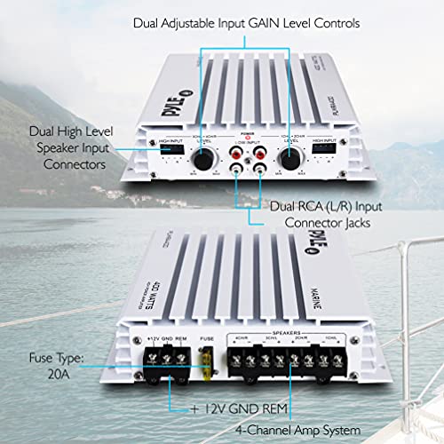 Image of Pyle 4-Channel Marine Amplifier - 400W Elite Hydra Series Water Resistant Amplifier with Dual MOSFET Power Supply, RCA Connectivity with Level Control, LED Indicator, Fuse Protection - PLMRA400.5
