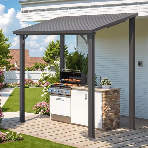 AECOJOY 8' x 5' Hardtop Grill Gazebo Outdoor Pergola, Small Heavy Duty Lean to Metal Pergolas and Gazebos Clearance, Wall-Mounted Grill Gazebo Galvanized Steel Patio Roof Awnings for Patio, Decks