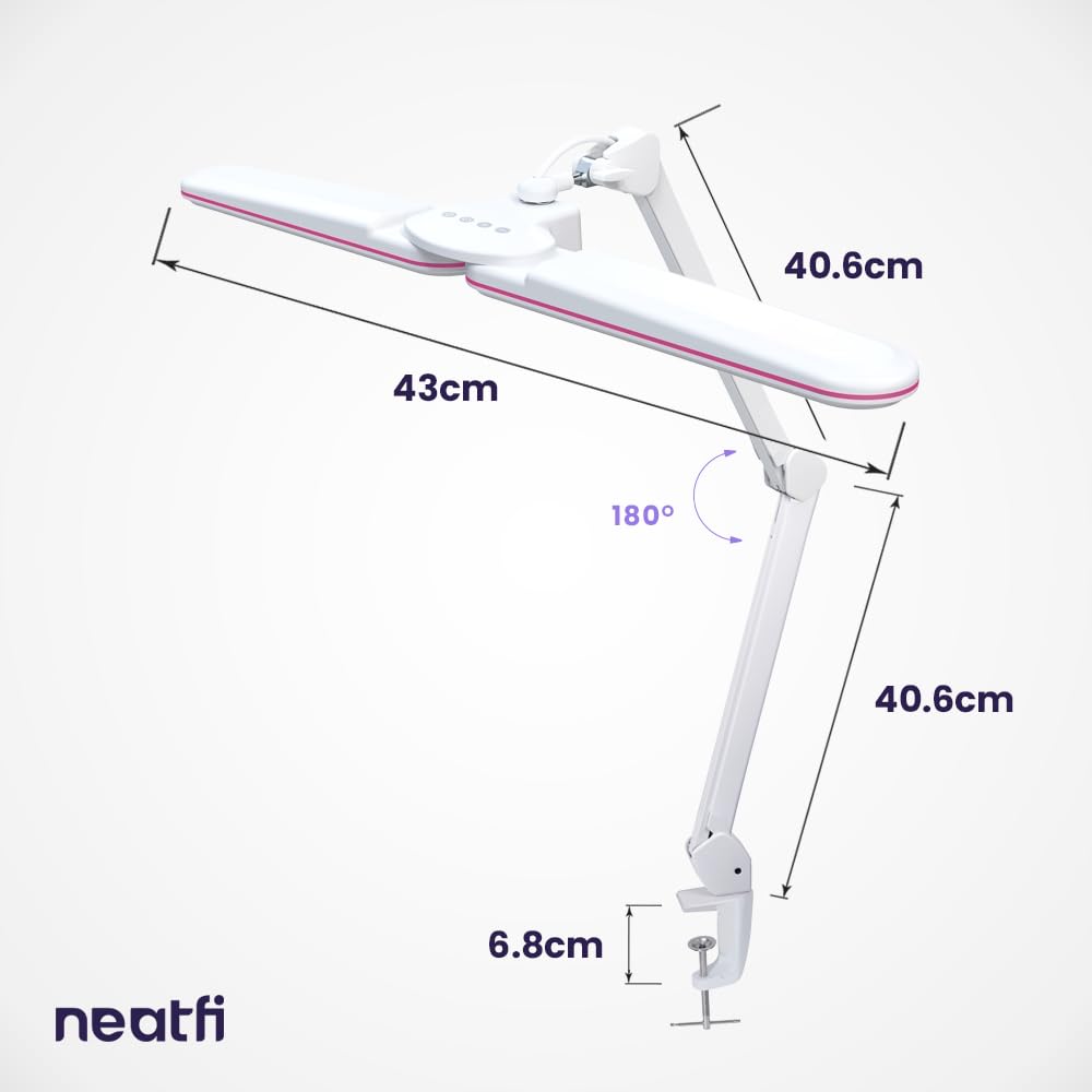 Neatfi Elite HD XL LED-Schreibtischlampe | 3 Lichtmodi | Stufenlos dimmbar | Augenschonende Schreibtischleuchte für Homeoffice, Technisches Zeichnen, Kosmetikstudio und Werkbank (Rosa Ring, 45 CM)