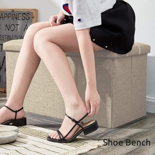 Image of Ottoman Storage Footrest Stool with Storage Foldable Ottoman Foot Rest Footstool Bench for Living Room (Beige, 76X38X38 CM)