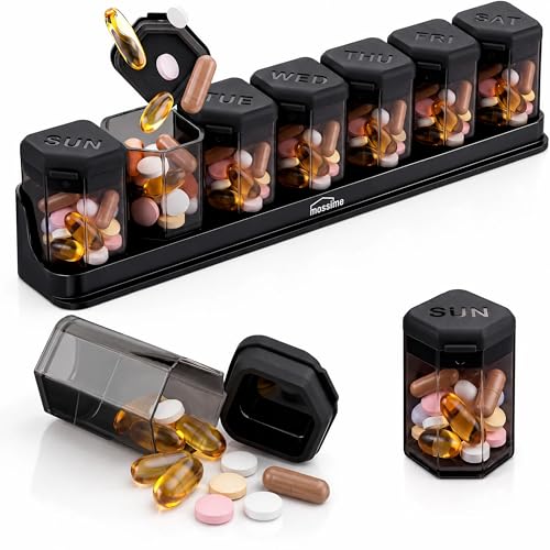 Mossime Sleek Black Weekly Pill Organiser 7 Day Large Tablet Dispenser & Medication Box with Silicone Lids Discreet Travel Supplement Case Medicine Storage Box (1 Time a Day)