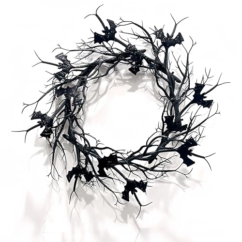 Halloween Black Twig Wreath for Front Door 17.7' Gothic Branch Wreath for Wall Indoor...